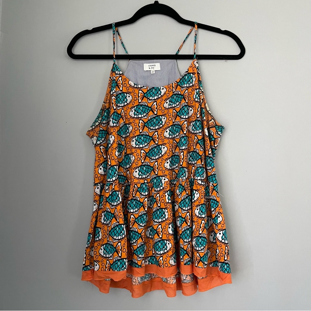 Crown & Ivy Orange Fish Print Tank Top Ruffle Size Medium